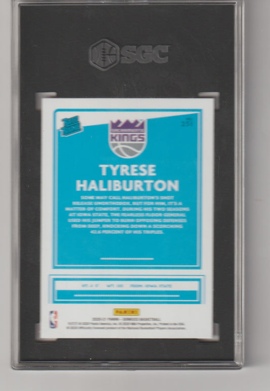 Trading card of Tyrese Haliburton in a protective case with SGC logo