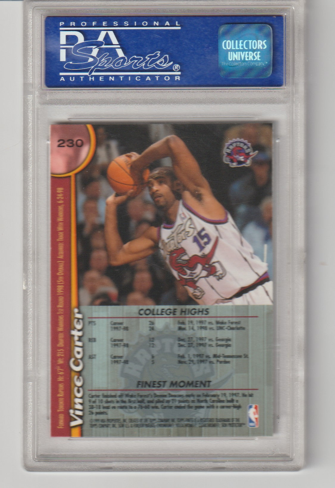 Basketball trading card with player image and statistics, featuring a PSA Sports authentication logo.