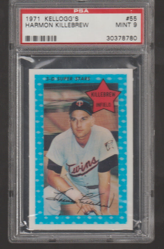 1971 Kellogg's Harmon Killebrew trading card in a protective case with PSA certification label.