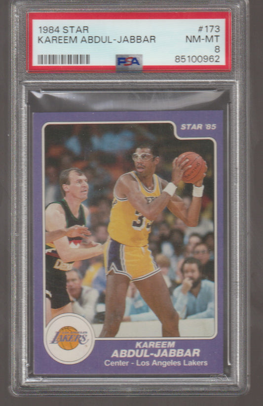 Basketball trading card of Kareem Abdul-Jabbar in a display case with PSA grading label.