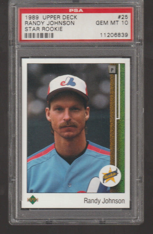 Baseball trading card of Randy Johnson with a PSA grading label on a dark background
