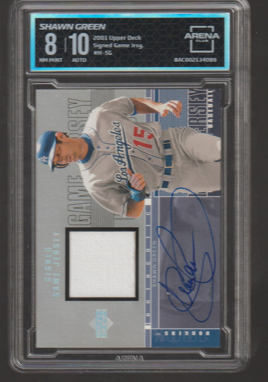 Baseball trading card featuring Shawn Green with autograph and game-used jersey piece, graded by Arena.