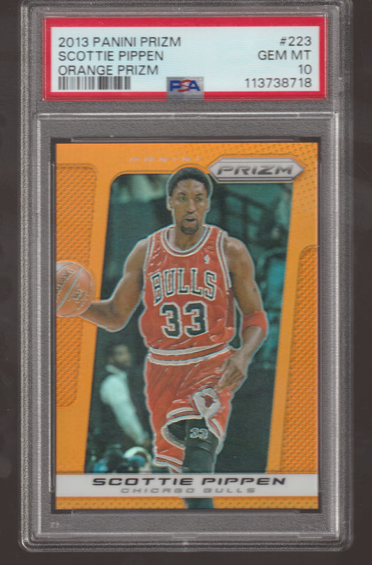 Basketball trading card of Scottie Pippen in a Chicago Bulls jersey, encased in a protective frame with a Panini Prizm label.