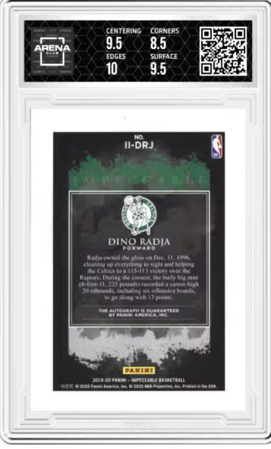 Basketball trading card with player information and grading details on a white background