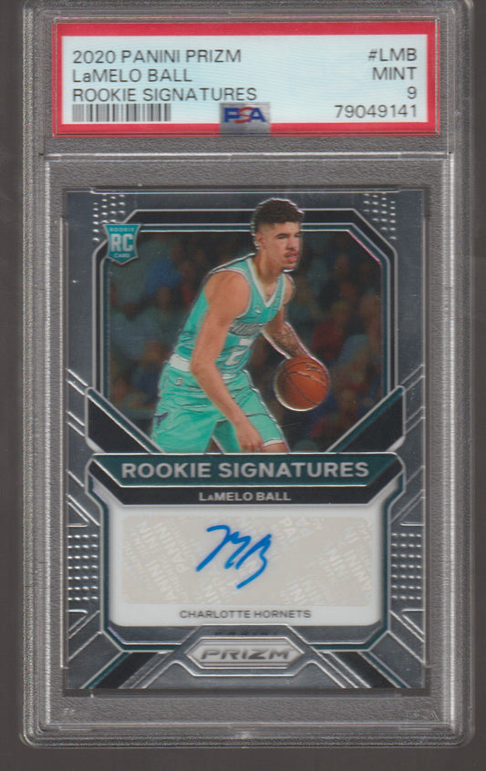 Basketball trading card of LaMelo Ball in a protective case with Panini Prizm branding.