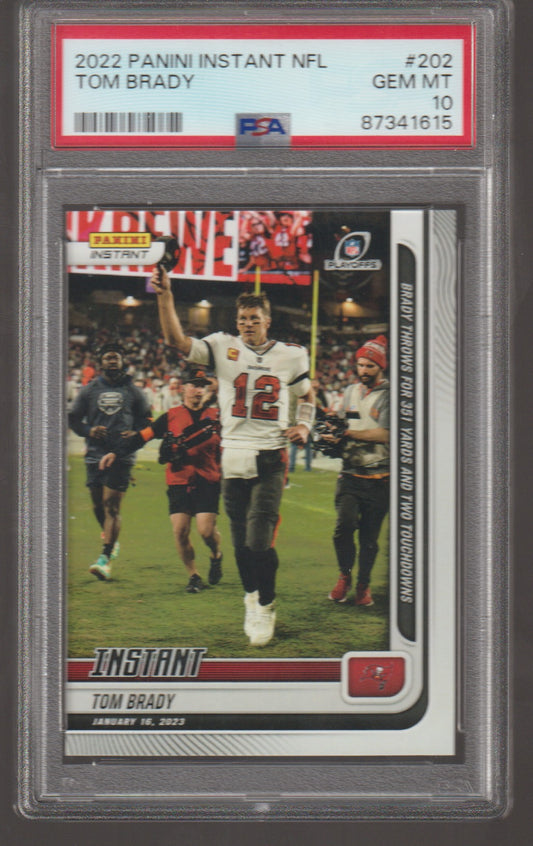 Trading card of Tom Brady in a sports jersey with a PSA grading label on top.