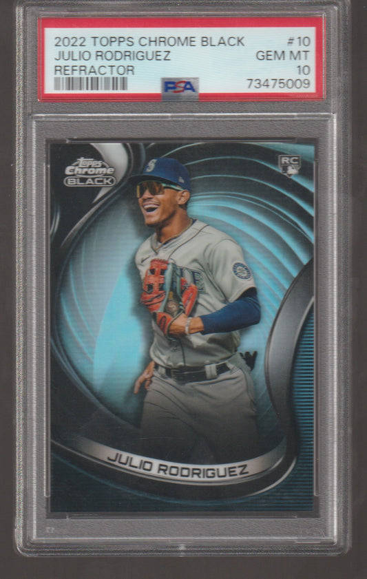Baseball trading card of Julio Rodriguez in a protective case with Topps branding.