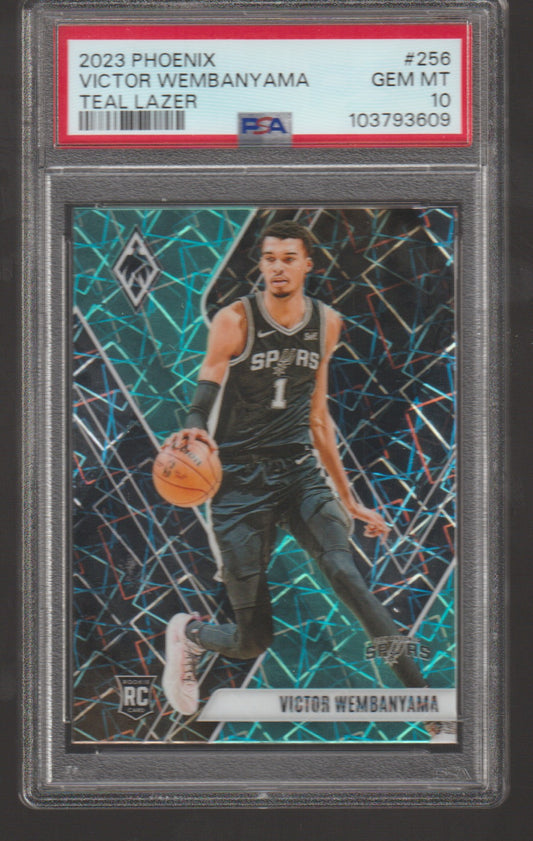 Basketball trading card of Victor Wembanyama with a teal and black design, encased in a protective holder.