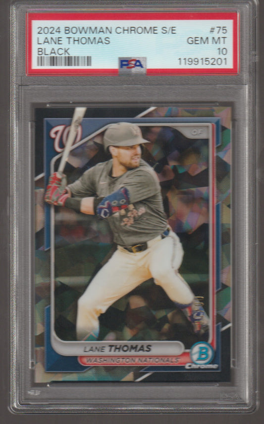 Baseball trading card of Lane Thomas in a protective case with a red label.