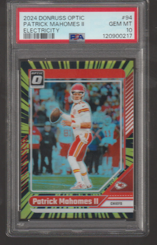 Trading card of Patrick Mahomes II with a colorful border, featuring the Donruss Optic brand.