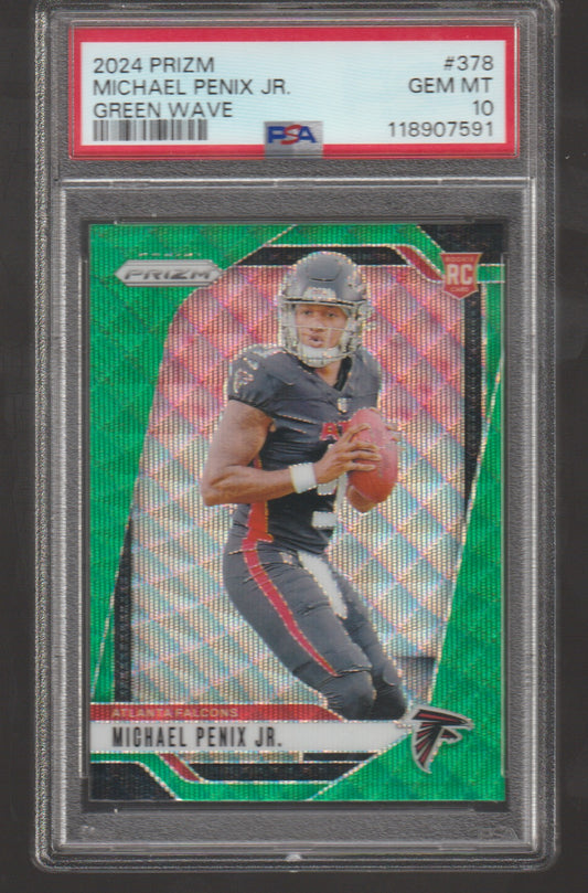 Football trading card of Michael Penix Jr. in a protective case with Prizm branding.