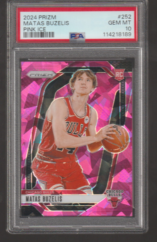 Basketball trading card of Matas Buzelis in a pink and red Prizm series packaging with a PSA grading label.