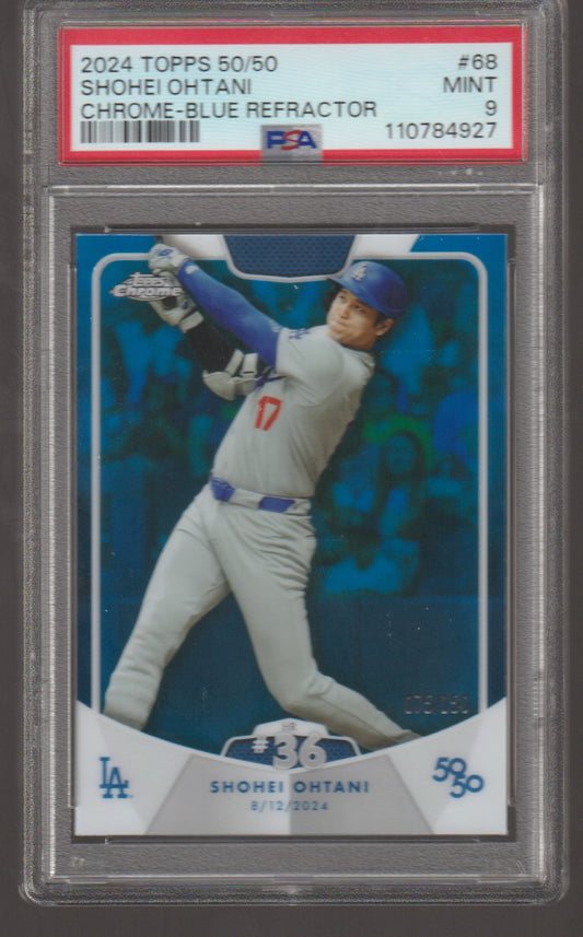 Baseball trading card of Shohei Ohtani with a blue refractor effect, graded by PSA.