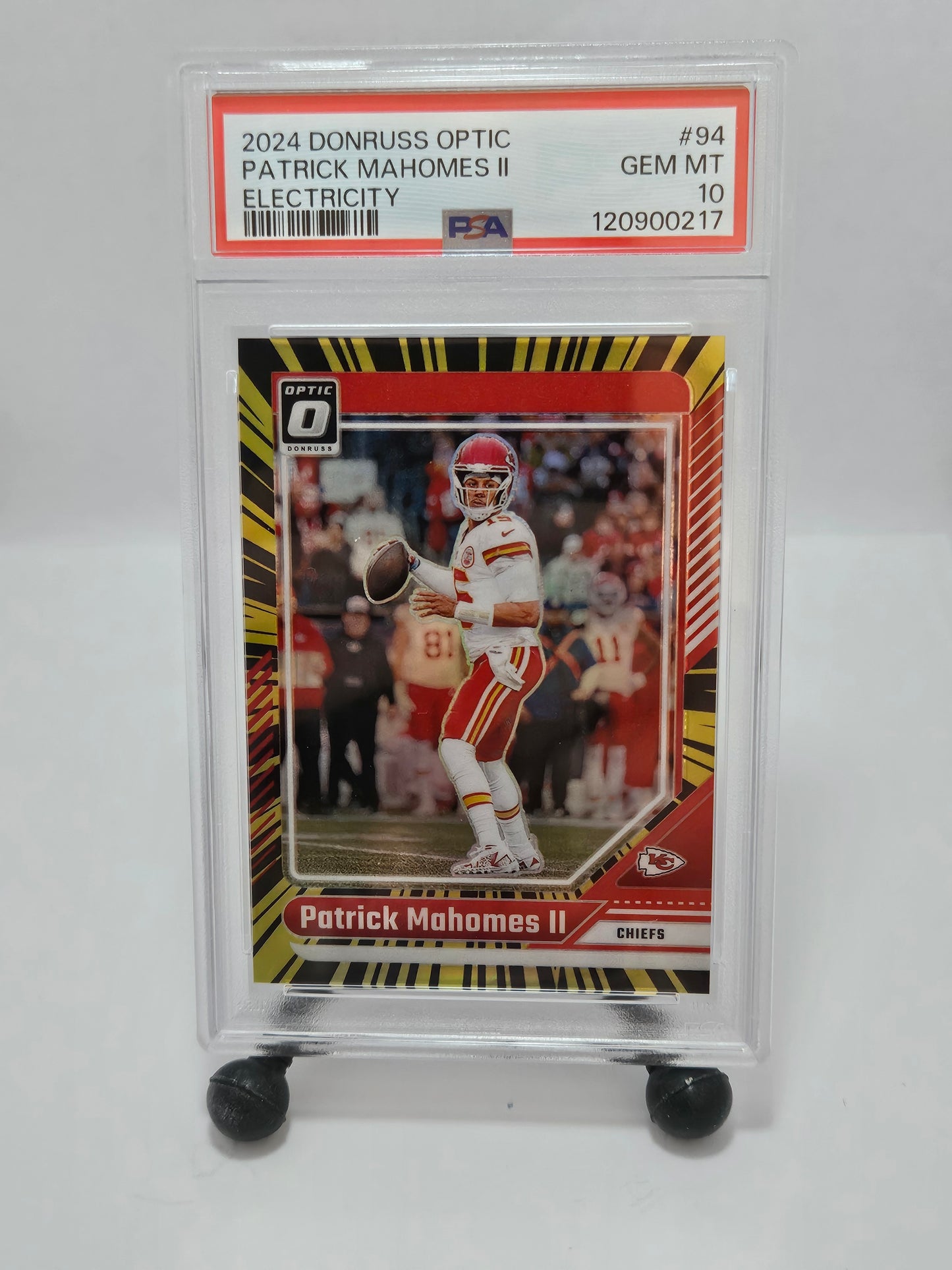 2024 Donruss Optic #94 Patrick Mahomes II Electricity Prizm /75 PSA 10 Gem Mint POP 8 – Kansas City Chiefs