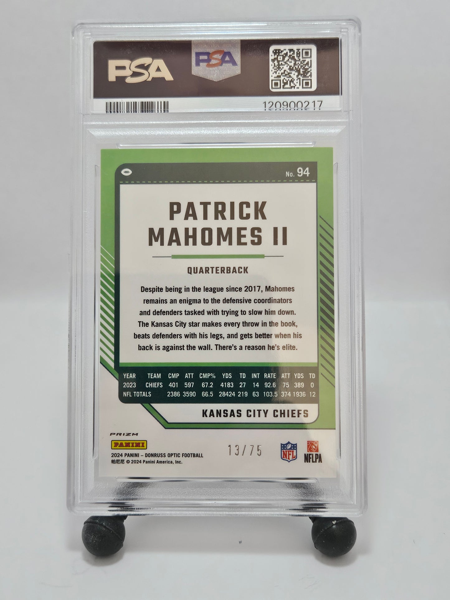 2024 Donruss Optic #94 Patrick Mahomes II Electricity Prizm /75 PSA 10 Gem Mint POP 8 – Kansas City Chiefs