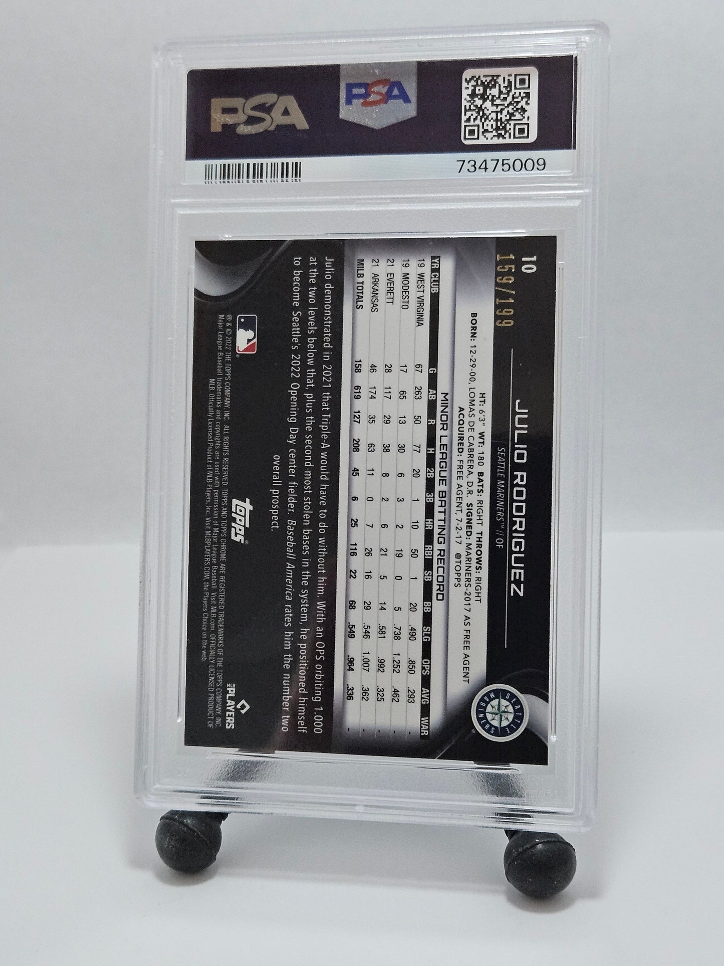 2022 Topps Chrome Black #10 Julio Rodriguez Refractor PSA 10 Gem Mint /199 – Seattle Mariners (RC)