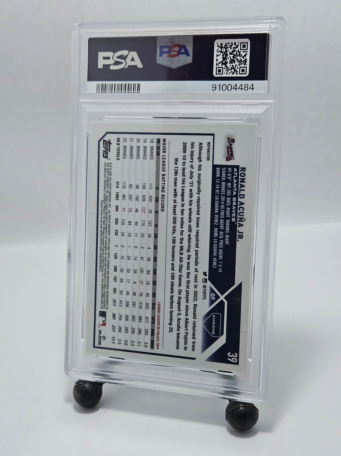 2023 Topps Chrome #39 Ronald Acuña Jr. Refractor PSA 9 Mint – Atlanta Braves