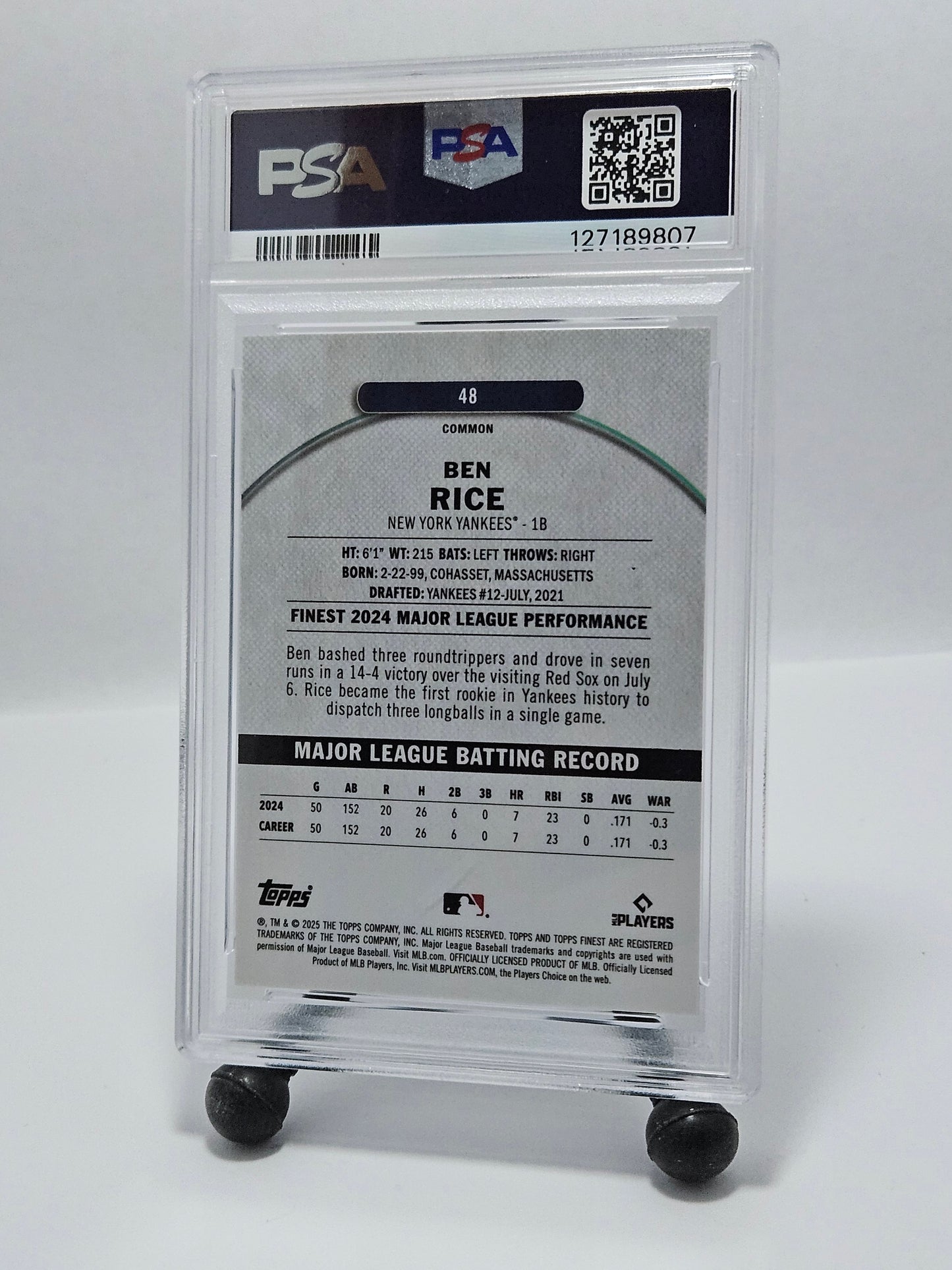 2025 Finest #48 Ben Rice Pearl Checkerboard PSA 10 Gem Mint /60 – New York Yankees (POP 1)