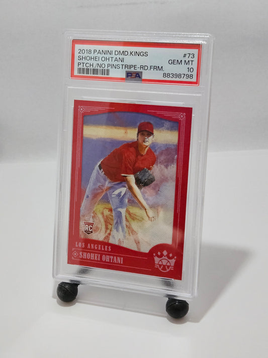 Baseball trading card in a clear holder on a white background