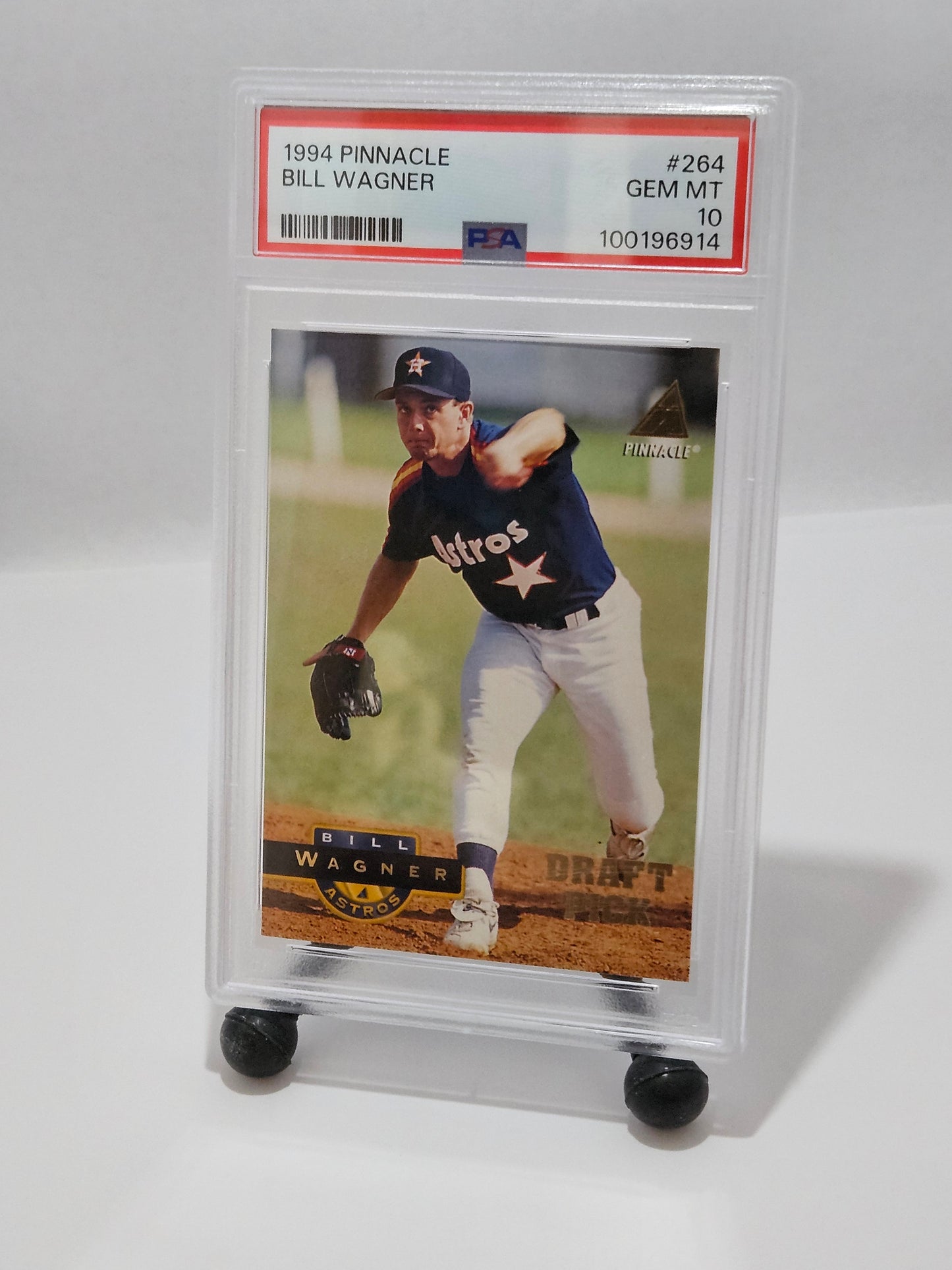 Baseball trading card of Bill Wagner in a display case on a white background