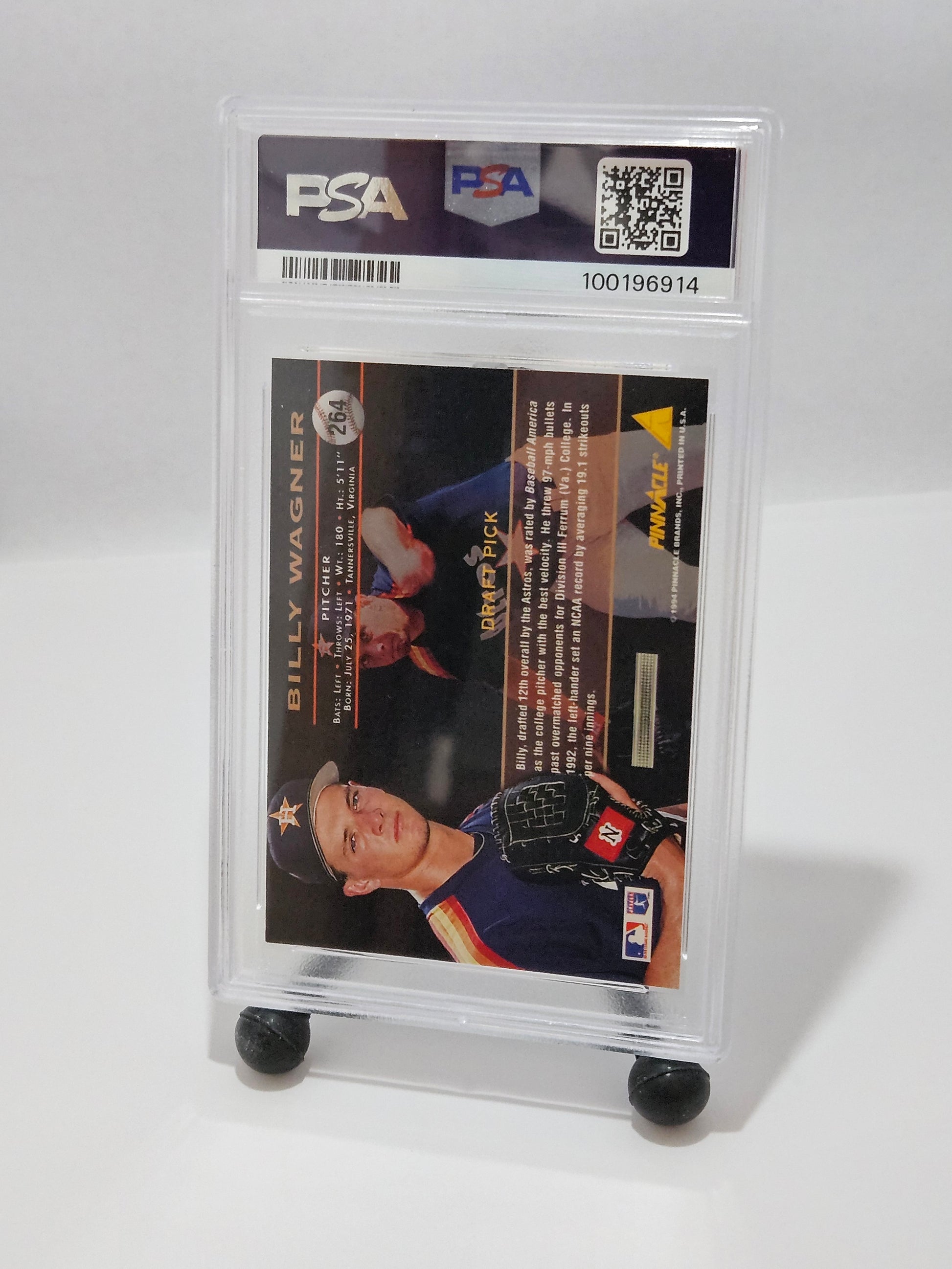 Trading card of Billy Wagner in a protective case on a white background