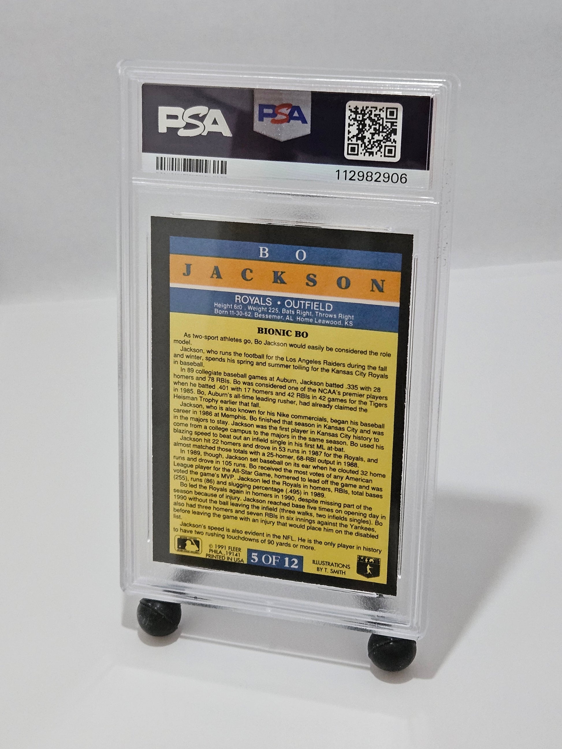 Trading card in a protective case with a visible PSA logo on a white background