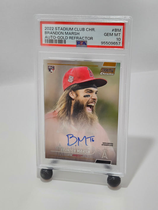 Baseball trading card of a player in a red cap with a white background