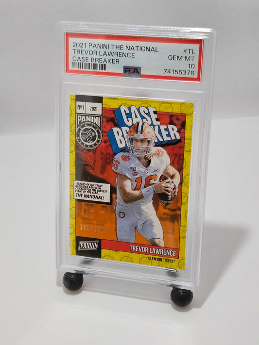 Trading card of Trevor Lawrence in a protective case on a white background