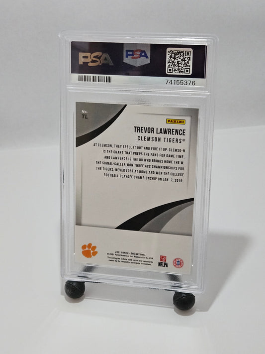 Trading card of Trevor Lawrence in a protective case on a white background