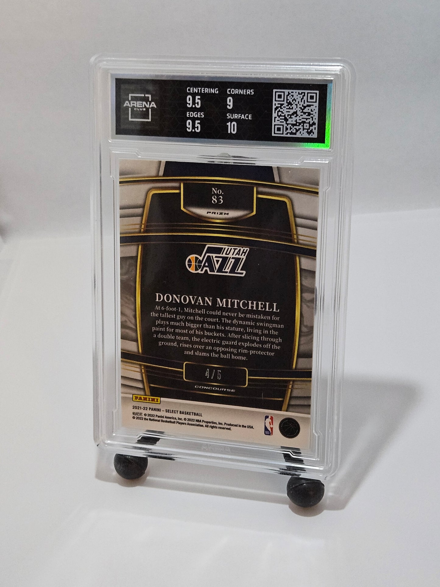 2021-22 Panini Select #83 Donovan Mitchell Neon Purple Pulsar /5 – Arena Club 9.5 GEM MINT+