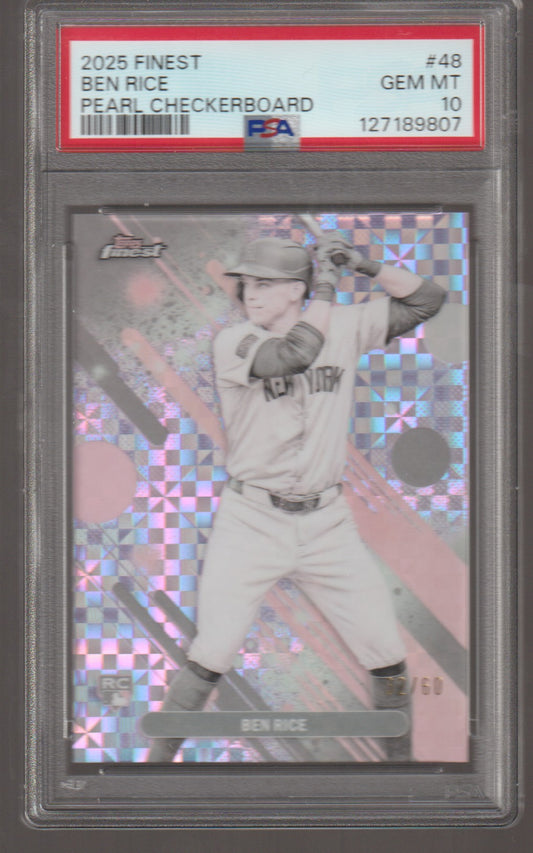 Baseball trading card of Ben Rice with a colorful checkered border, graded by PSA.