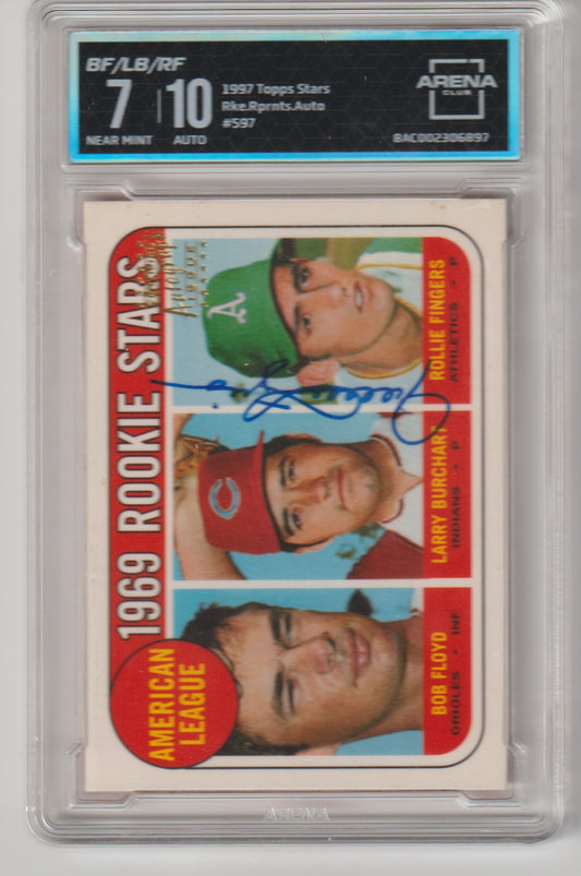 1969 Topps Rookie Stars baseball card with autographs, graded by Arena, on a white background.