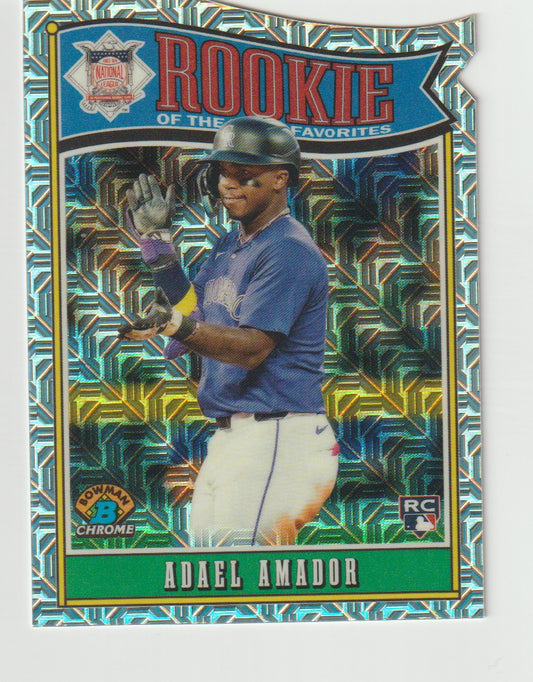 Baseball trading card featuring Adael Amador with 'Rookie of the Year' text on a colorful background
