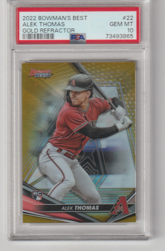 Baseball trading card of Alek Thomas in a protective case with a red label.