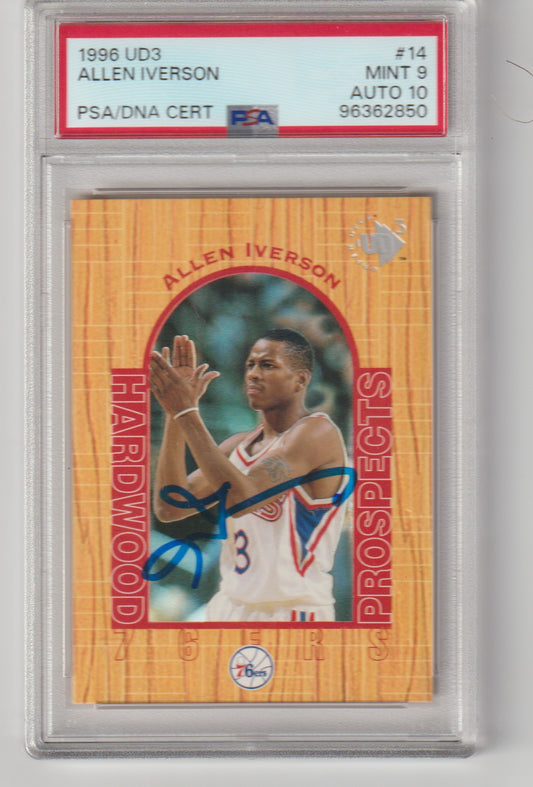 Autographed Allen Iverson trading card in a protective case with a PSA/DNA certification label.