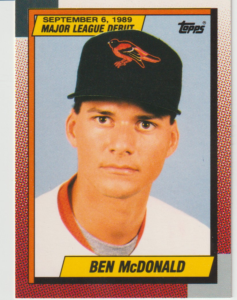 Baseball trading card of Ben McDonald with a black cap and Orioles logo, featuring Topps branding.