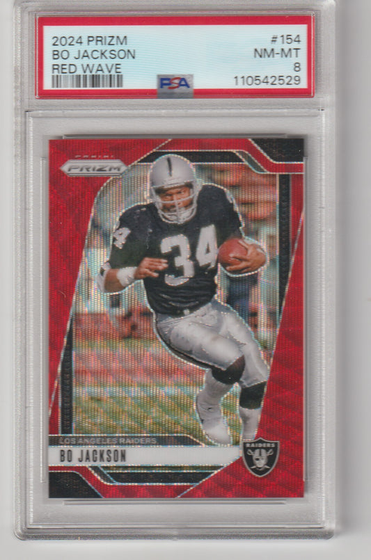 Football trading card of Bo Jackson with red wave design, encased in a protective holder.