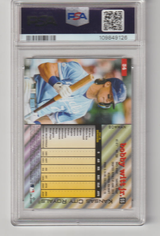 Baseball trading card in a PSA protective case with player image and statistics.