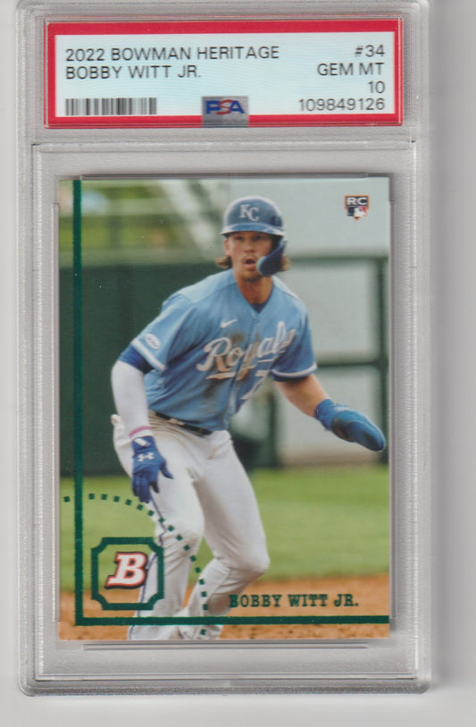 Baseball trading card of Bobby Witt Jr. in a blue uniform with a PSA grading label.