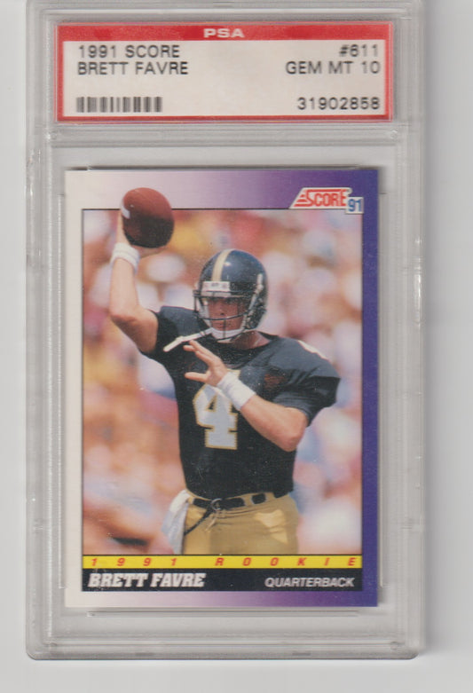 Football trading card of Brett Favre with a PSA grading label on a white background