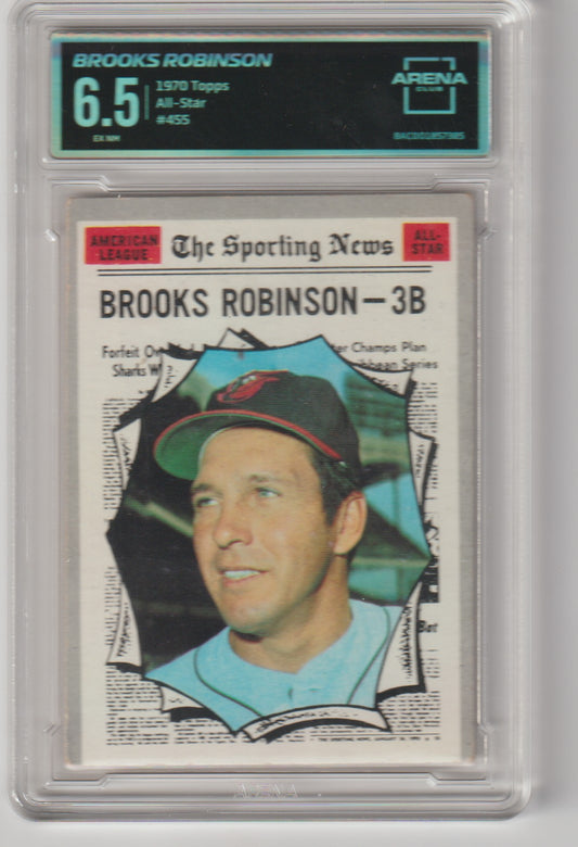 Baseball trading card of Brooks Robinson with grading information on a white background