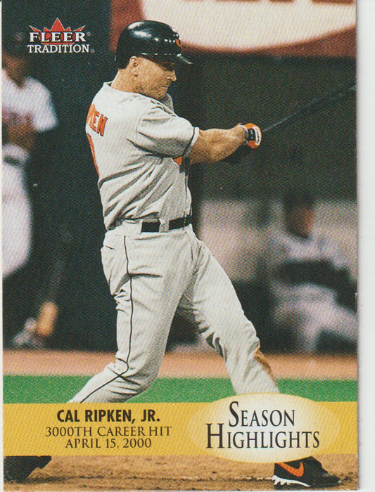 Baseball trading card featuring Cal Ripken Jr. with a 3000th career hit milestone.