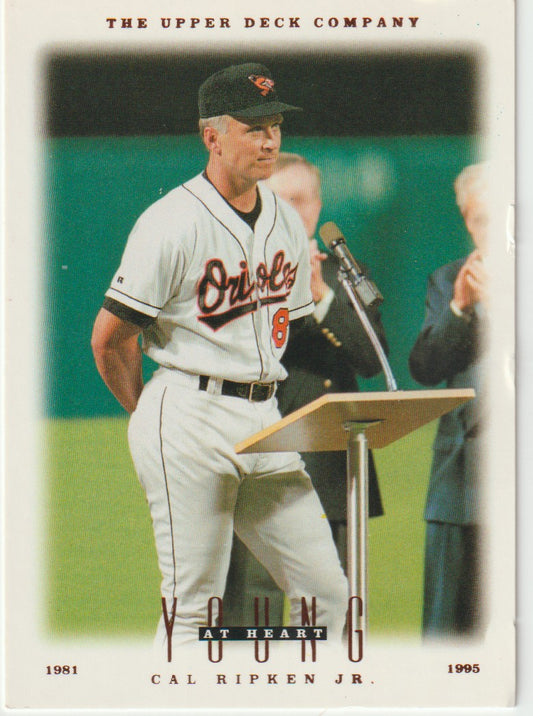 Baseball card of Cal Ripken Jr. in Orioles uniform at a podium, with 'The Upper Deck Company' branding.