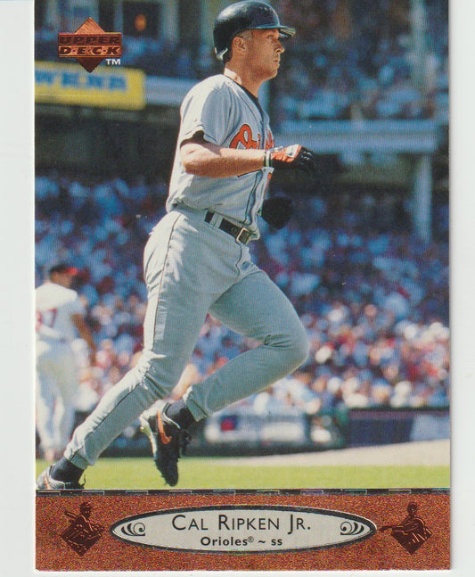 Baseball trading card of Cal Ripken Jr. running on a field with a crowd in the background.