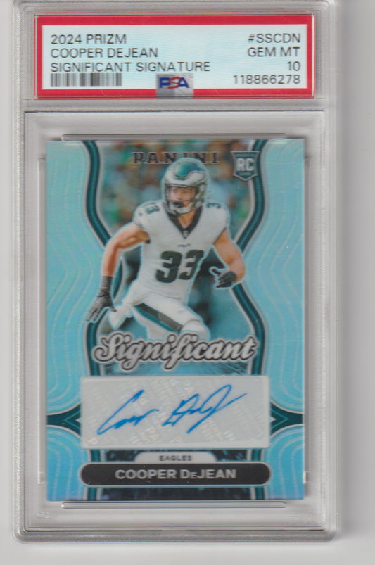 Trading card of Cooper DeJean with a significant signature, encased in a protective holder.