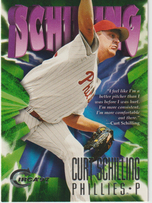 Baseball trading card of Curt Schilling with colorful background and text