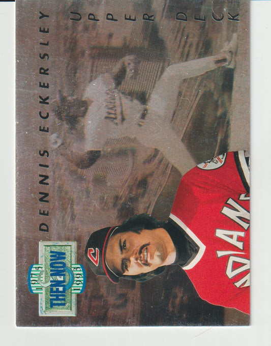 Baseball trading card of Dennis Eckersley with a player in action and close-up, featuring Upper Deck and The Score logos.