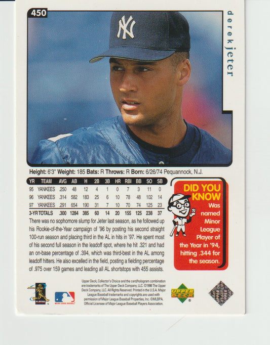 Baseball trading card of a player in a New York Yankees cap with player information and statistics.