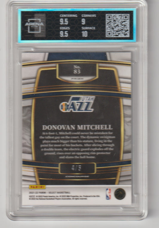 Basketball trading card of Donovan Mitchell with Utah Jazz logo, graded by Panini