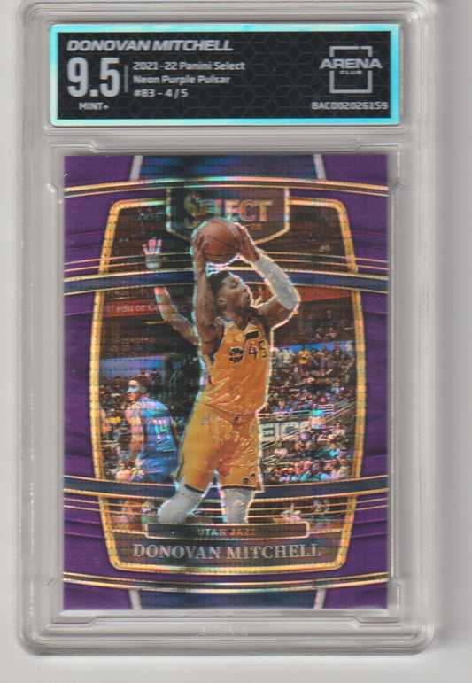 Basketball trading card of Donovan Mitchell with a purple and gold design, featuring a player in action pose.